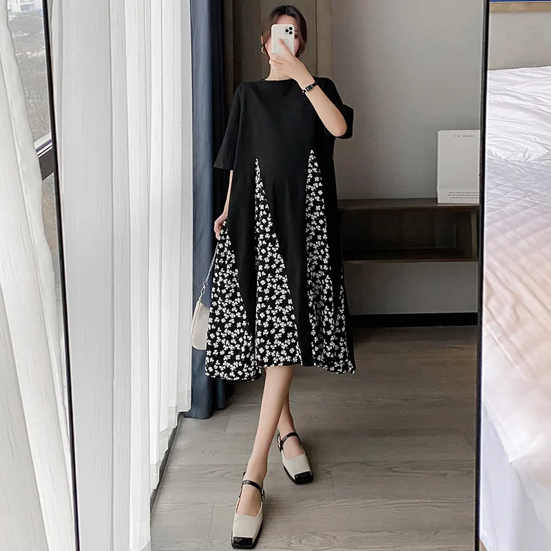 

Pregnant Clothe Women Summer Knitted Patchwork Polka Dot Dress Korean Version Large Knee-length T-shirt Skirt Round Neck Fashion