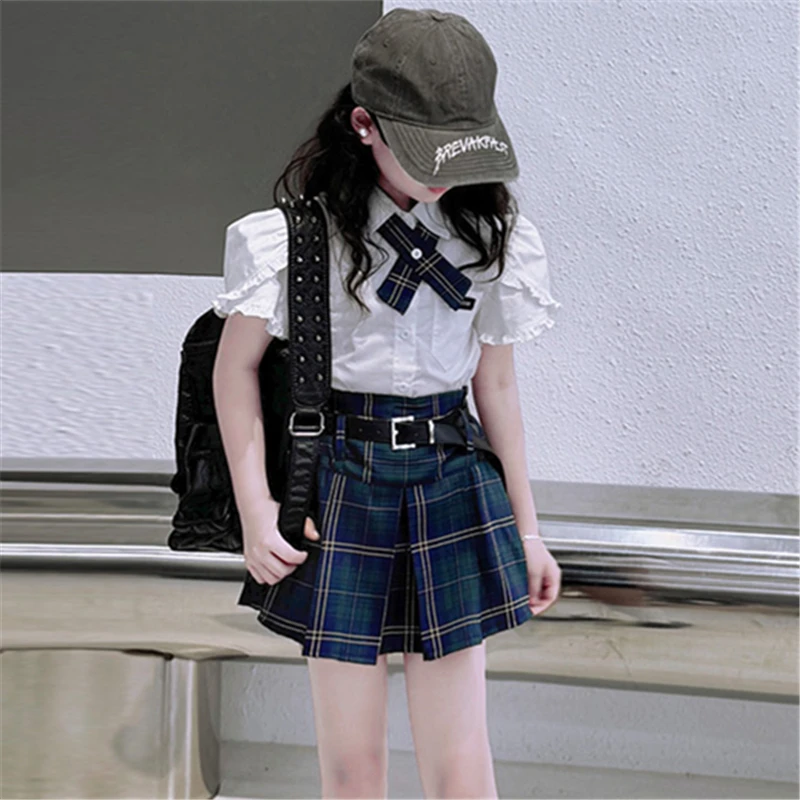 Korean Preppy Child Luxury Summer Set for Girl School Clothes Uniform Suit Kids Blouse Plaid Skirt 2 Piece Tracksuit with Belt