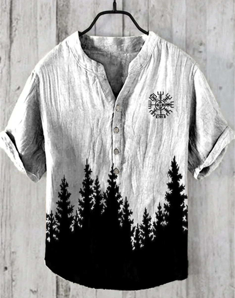 2025 Summer New Art Print pattern men's 100% linen shirt button large V-neck short-sleeved comfortable shirt - Image 4