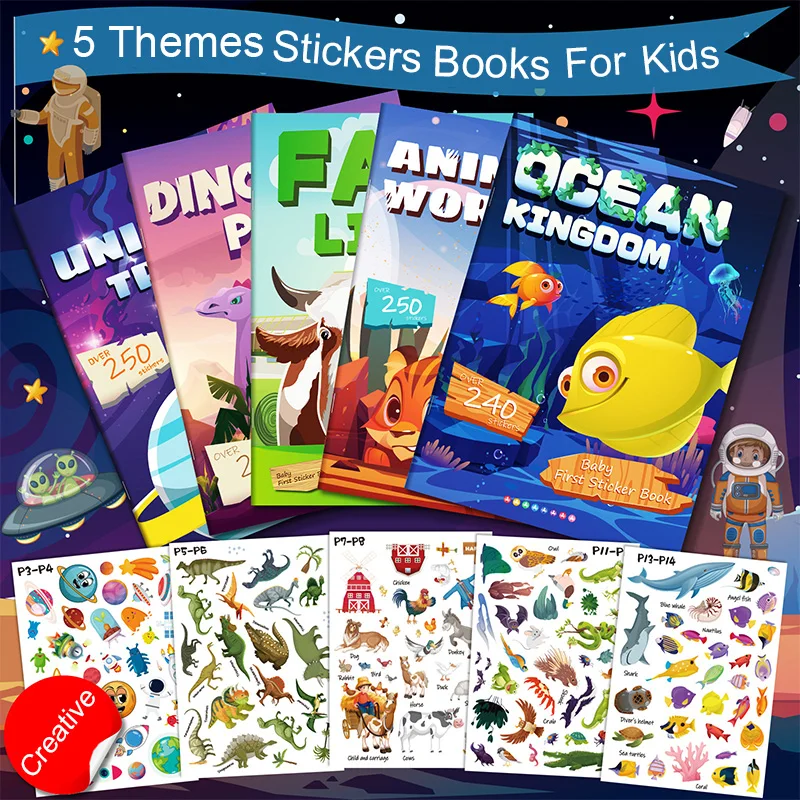 5 Scenes Sticker Book for Kids Cartoon DIY Puzzle Educational Cognition Learning Toys (16 Pasted Pages+8 Sticker Pages)