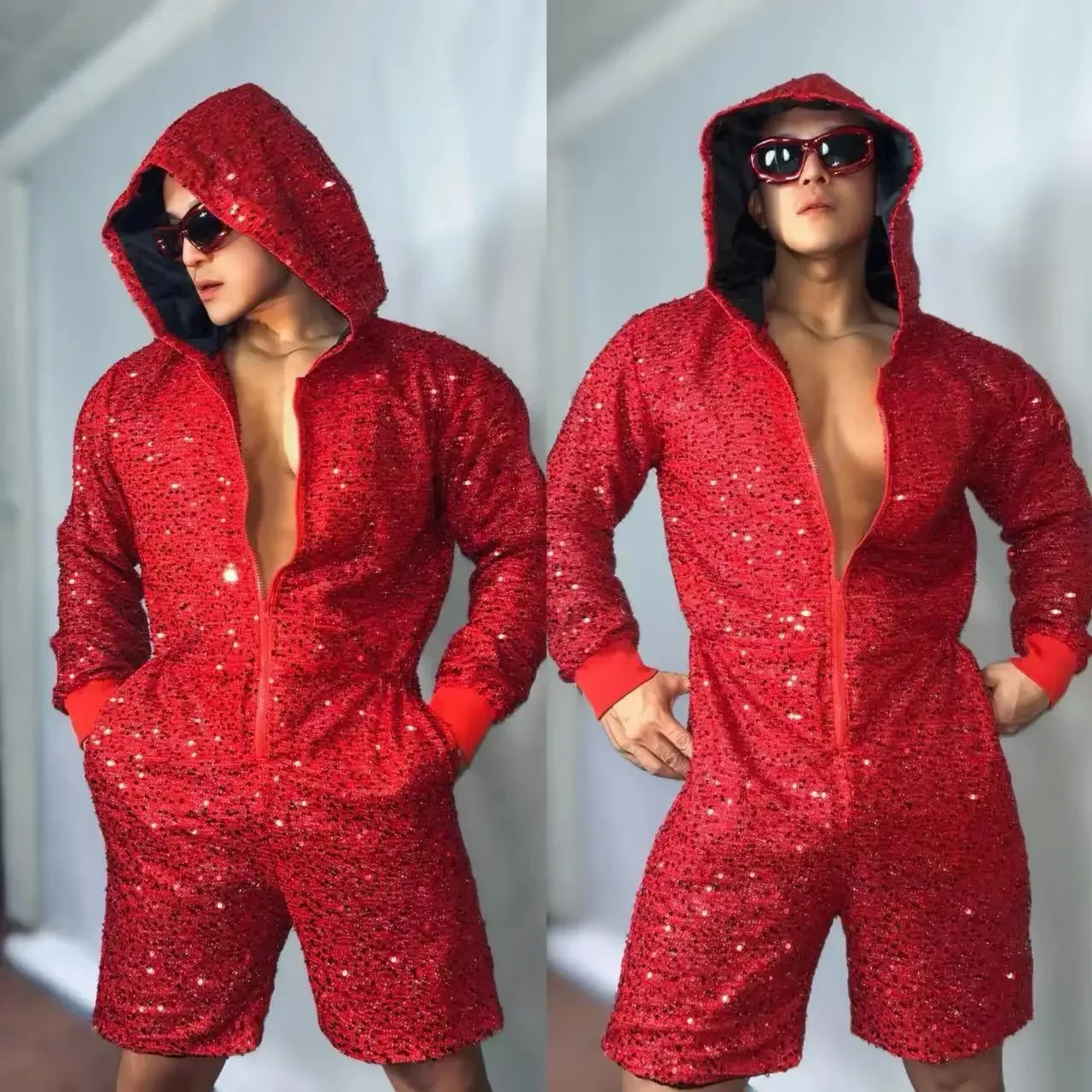 Nightclub Performance Red Sequin Hooded Jumpsuit Street Dance Team Singer Dancer Stage Costume Male Club Party Rave Rompers