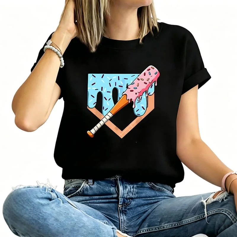 Ice Cream & Baseball Print Women's T-Shirt 100% Cotton Funny Graphic Short Sleeve Tee Novelty Shirt Casual Crew Neck Top S-5Xl