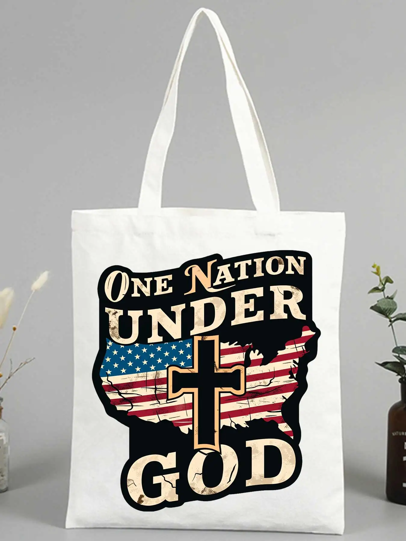 American flag and cross graphic canvas tote bag, vintage style for daily shopping and casual outings