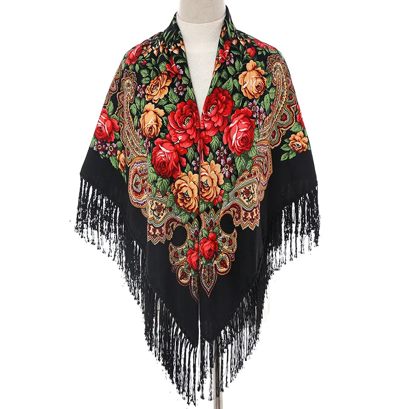 Russian Tassel peony cotton Headscarf Retro printed Scarf winter Bohemian shawl Autumn warm Cotton Women's ethnic Tassel scarf