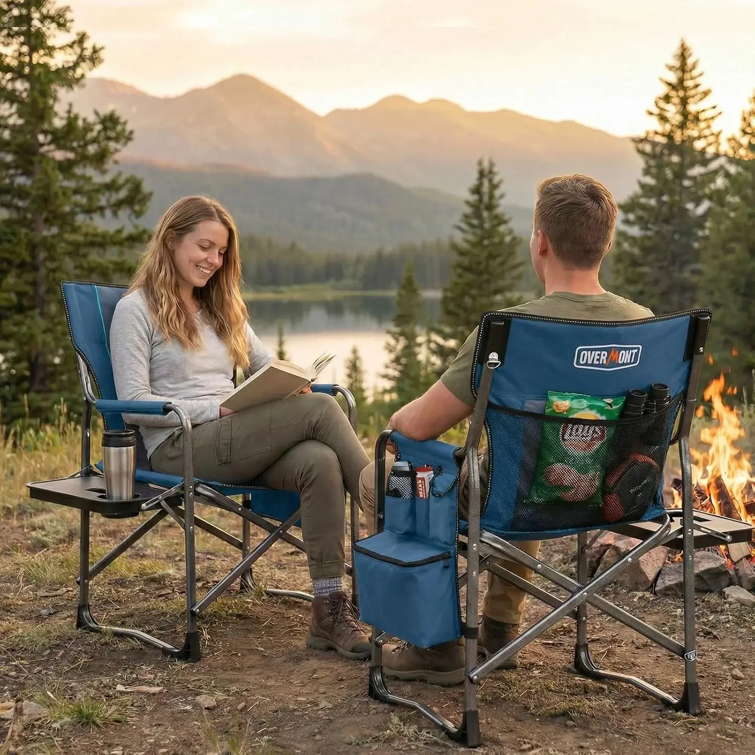 2 Pack Folding Camping Chairs with Side Tables, 400 lb Each | Two Oversized Directors Chairs for Couples, Camping and Lawn
