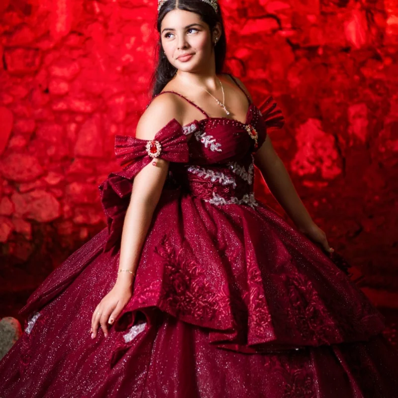 Shiny Burgundy Quinceanera Dres Glitter Crystal Decal Long Tail off-shoulder Layering Bow Vestidos De 15 Quinceanera ﻿Customize