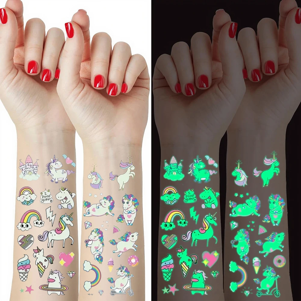 

5pcs/Set Luminous Tattoo Stickers Temporary Colorful Animal Mermaid Dinosaur Unicorn Space Cute Tattoo Stickers Body