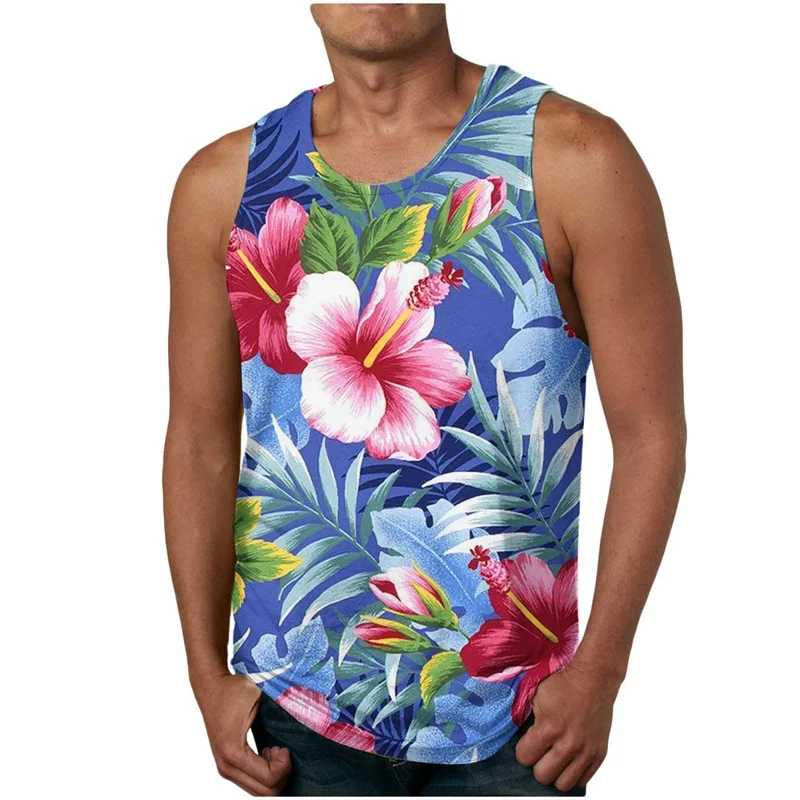 

3D Printed Flowers Leaves Tank Tops For Men Exquisite Pattern Tees Summer Loose Vacation Street Sport Tops Round Neck Vest