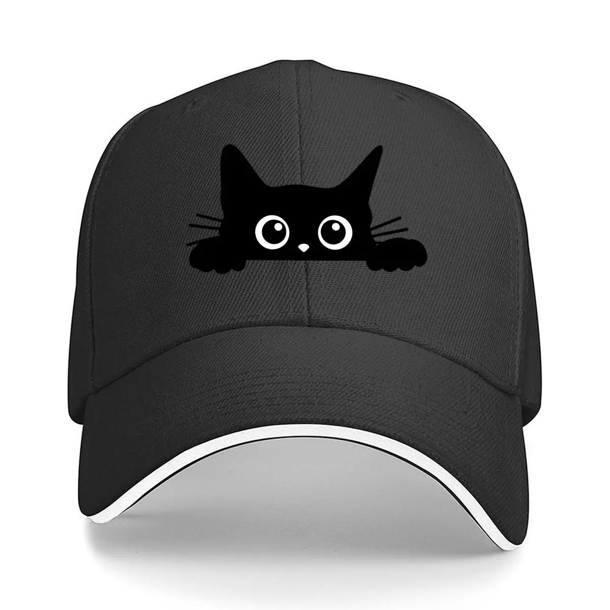 Cute Black Cat Peeking Big Eyes Whiskers Paws Sandwich Baseball Cap Women Unisex Male