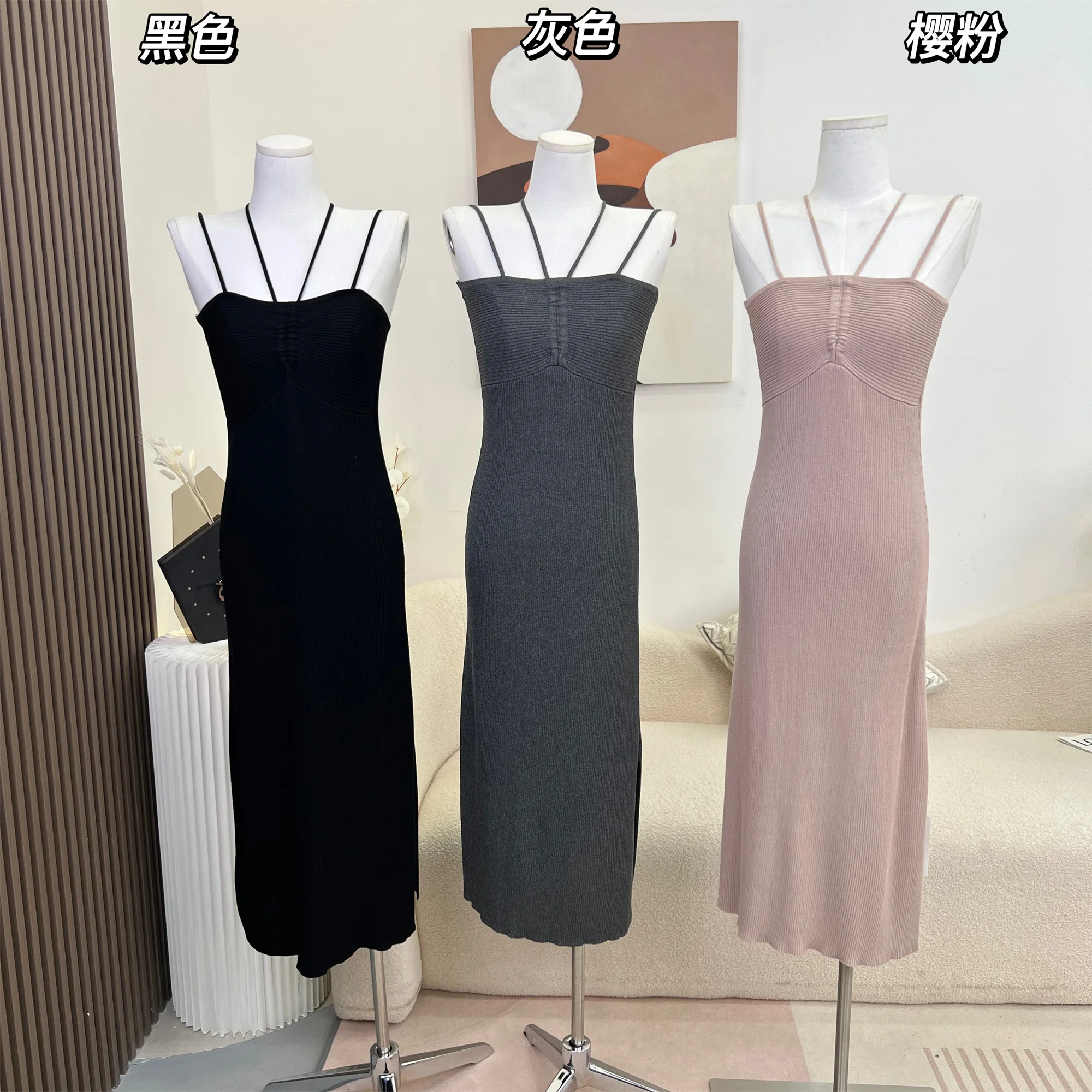 2024 Fashion Sexy Knitted Dress Senior Elegant Halter Dress Female Summer French Sexy Slim Temperament Long Skirt Hotsweet