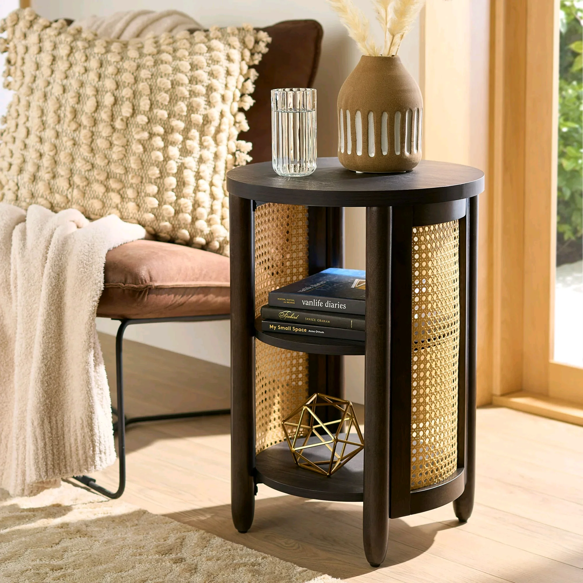 

！@Combohome Hot Sell Nordic Round Luxury Wood Rattan Living Room End Table Side Tea Table Coffee Table