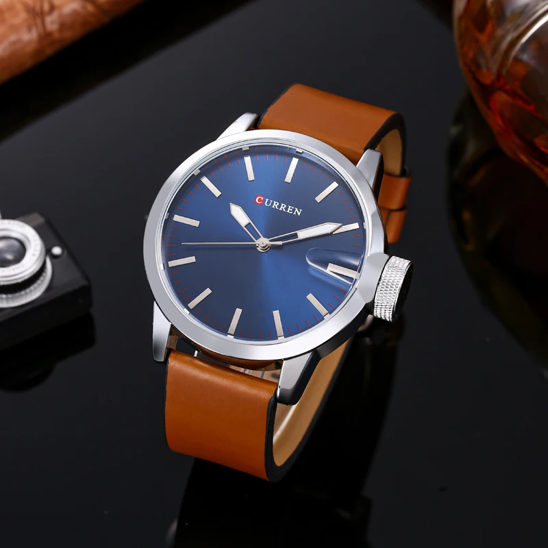 CURREN 8208 Men's Quartz Watch Fashion Blue Simple Business Brown Leather Strap Analog Display Wrist Watches for Male Clock Gift