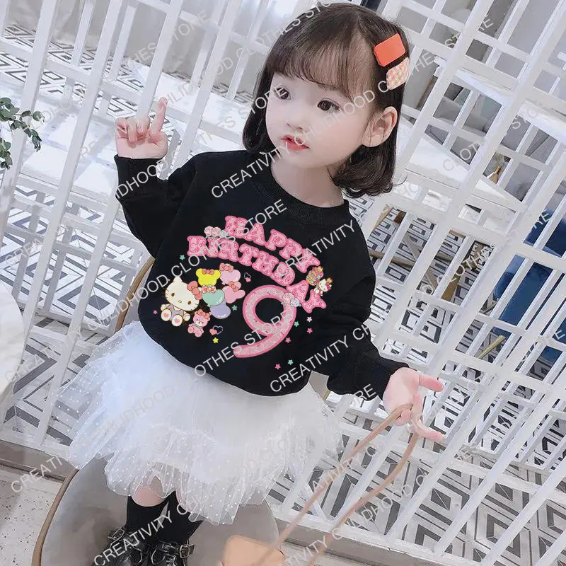 Children Sweatshirts Hello Kitty Birthday Number 1-14 Y2k Kawaii Sanrio Pullover Anime Cartoons Casual Clothes Girl Boy Kids Top