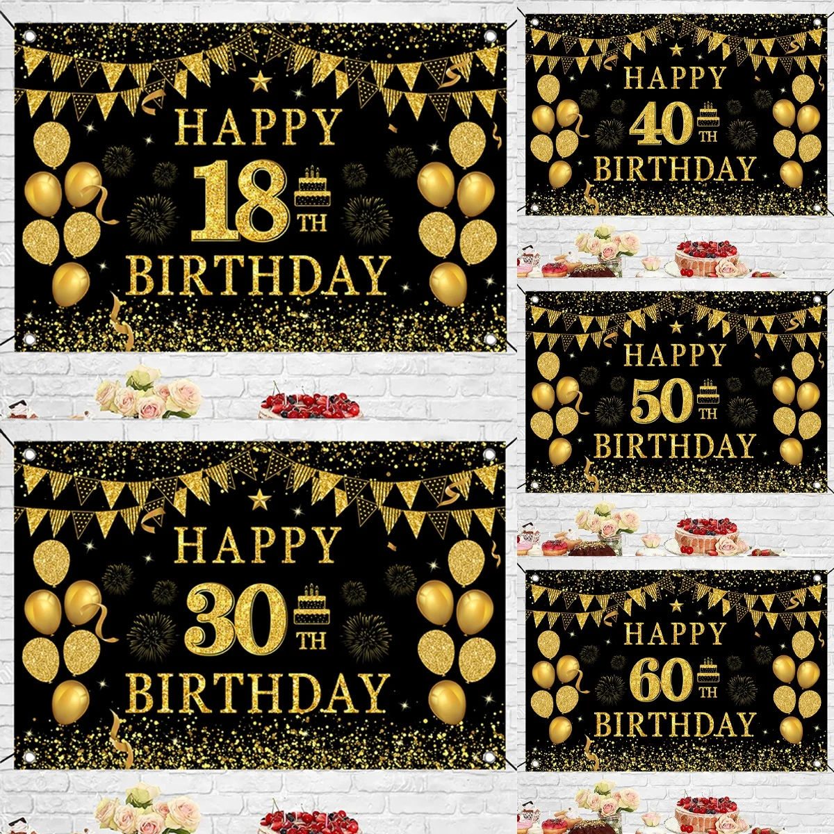 Black Gold 18th 30th 40th 50th 60th Happy Birthday Backdrop 18 30 40 50 60 Year Old Birthday Party Decor Adult Party Supplies