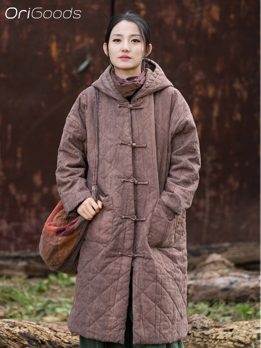 OriGoods Hooded Parka Jacket Woman Cotton Padded Winter Coat Long Warm Vintage Oversized Chinese Winter Clothes Outerwear B356