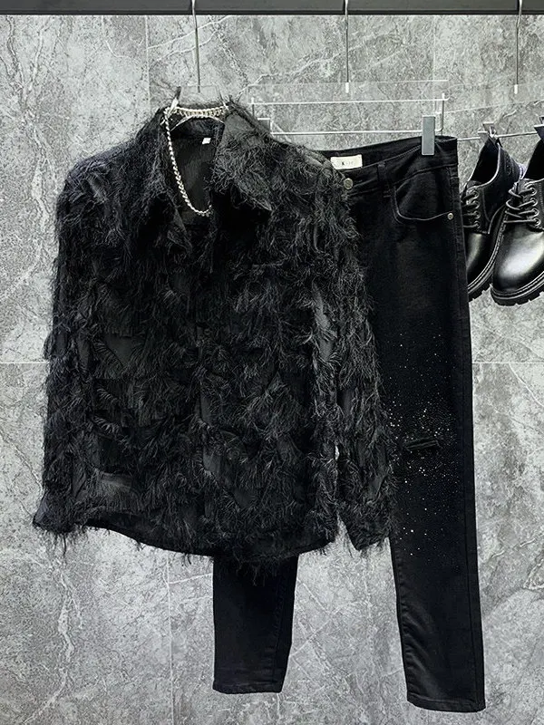 Style Men's Long Sleeve Shirt Feather Fringe See-through Loose Fit Fashionable Korean Version Polyester Fiber