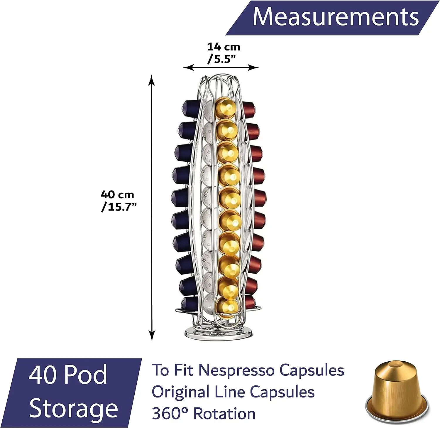 

Silver Coffee Capsule Holder for Nespresso Classic 40pcs Coffee Pods Rotating 40 Pod Holder Anti-Scratch Base