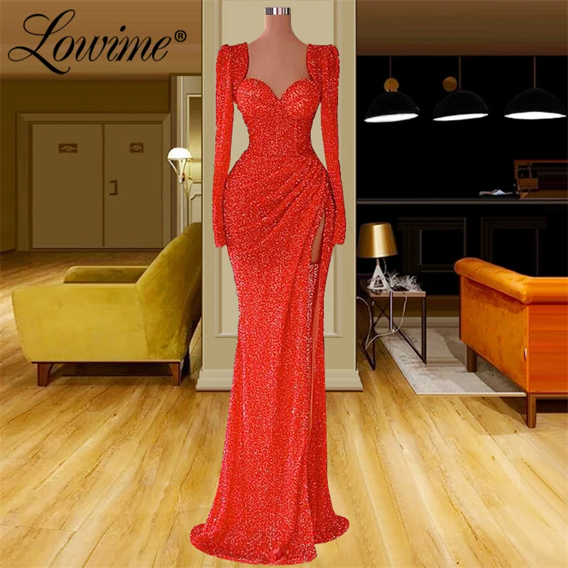 Lowime 2 Design Red Beads Long Evening Dresses High Split Arabic Dubai Formal Mermaid Party Dress Robes De Soirée 2022 Plus Size