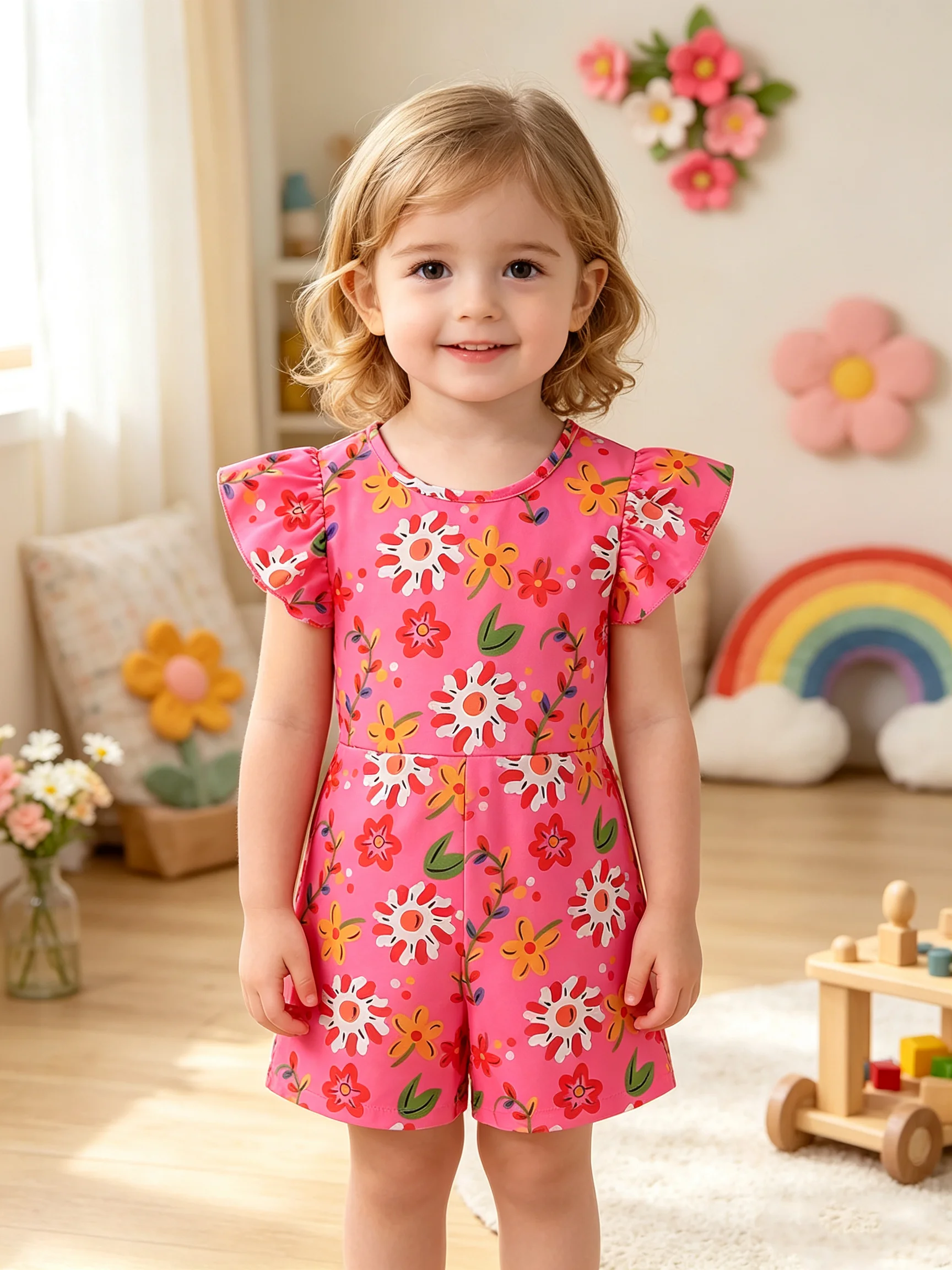 Kids Floral Print Jumpsuit Ruffled Sleeve round Neck Wide Leg Casual Elegant Style Children's Clothing