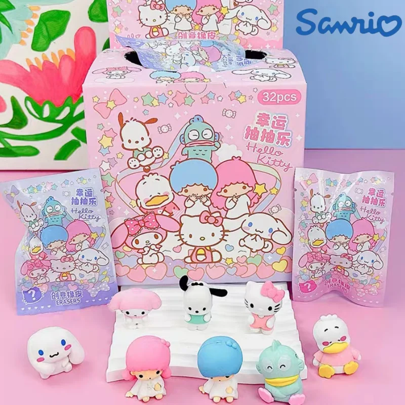 

32Pcs/Set Sanrio Hello Kitty Kuromi Melody Cinnamoroll Diy Kawaii Pencil Eraser Action Figure Student Articles Stationery Kids