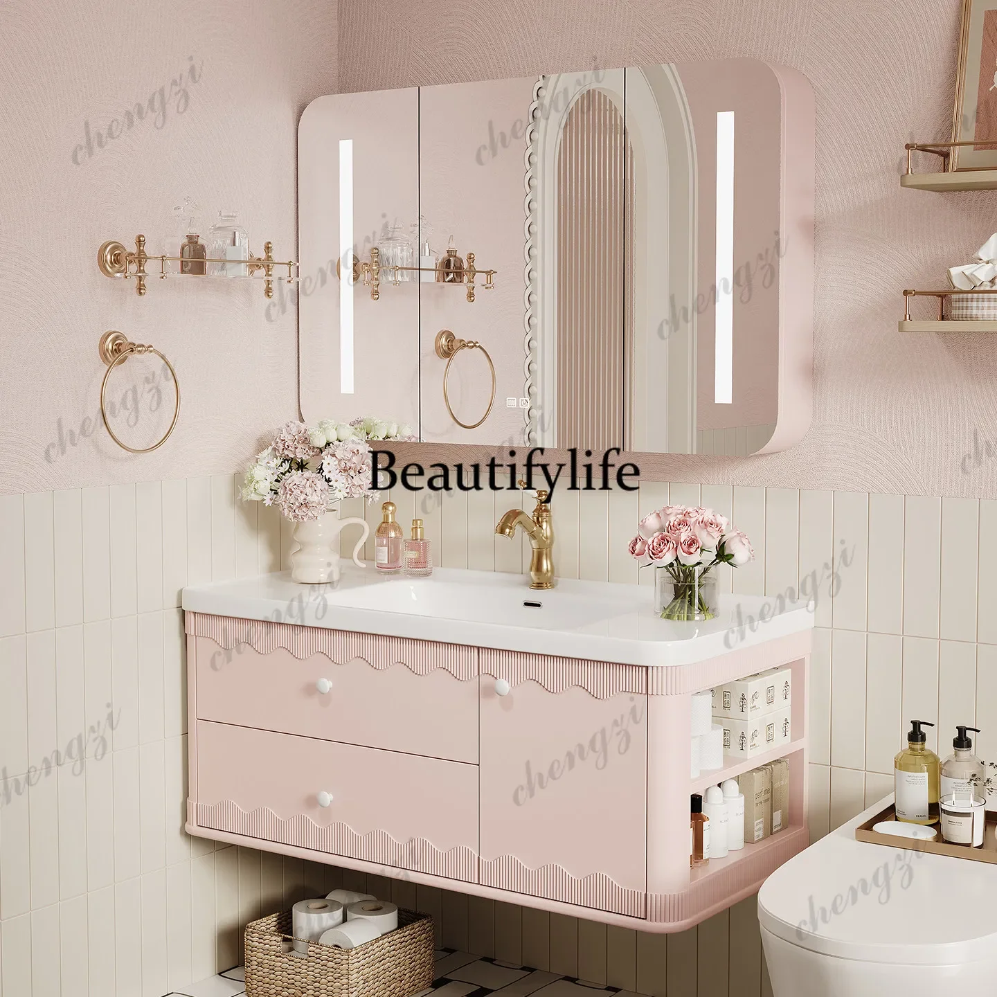 A17 French Cream Wind Oak Bathroom Cabinet Combination Bathroom Slate Wash Bench Hand Basin