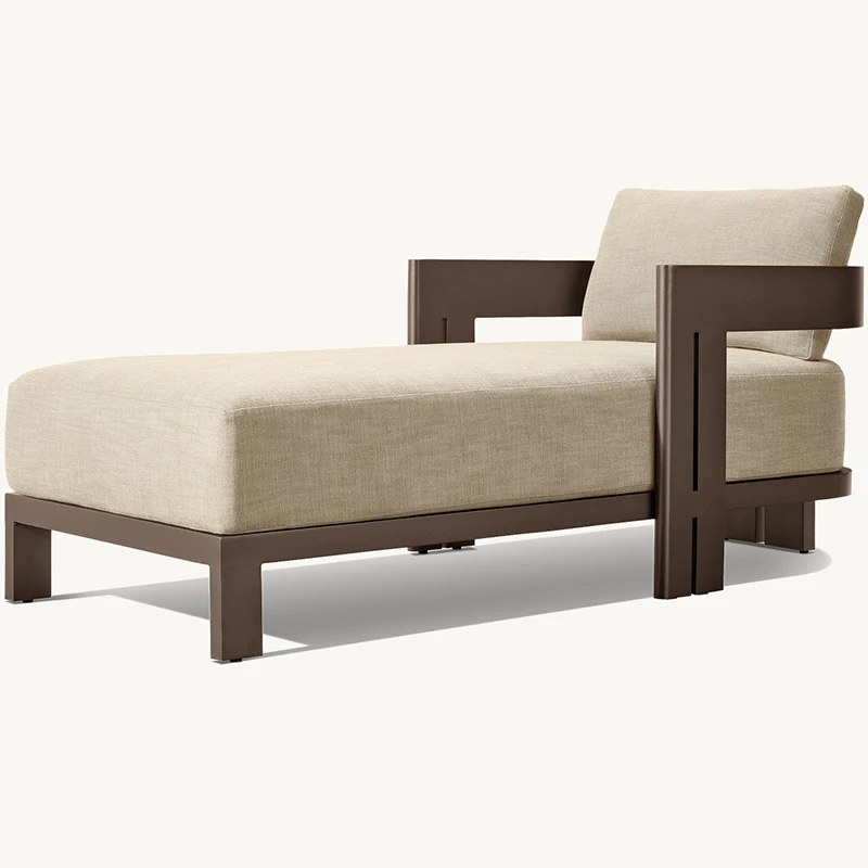 Aluminum Chaise Lounge Chair Deep Bronze Frame Cream Linen Fabric Geometric Modern Design Pool Side Outdoor Furniture