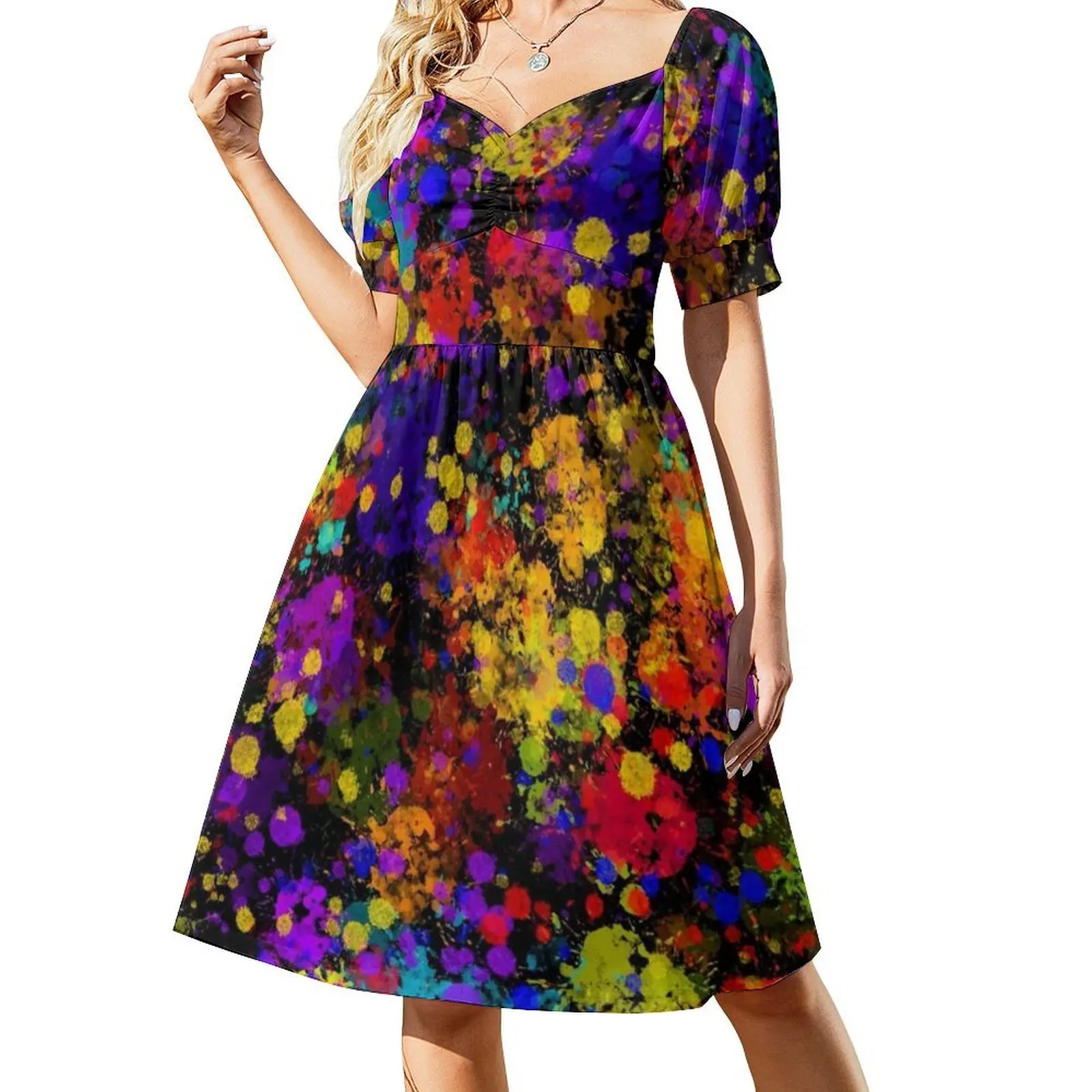 رذاذ طلاء قوس قزح 1 [أسود] فستان عطلة مثير للنساء فستان قصير لحفلات الشاطئ وأعياد الميلاد أحمر برتقالي أصفر أخضر أزرق