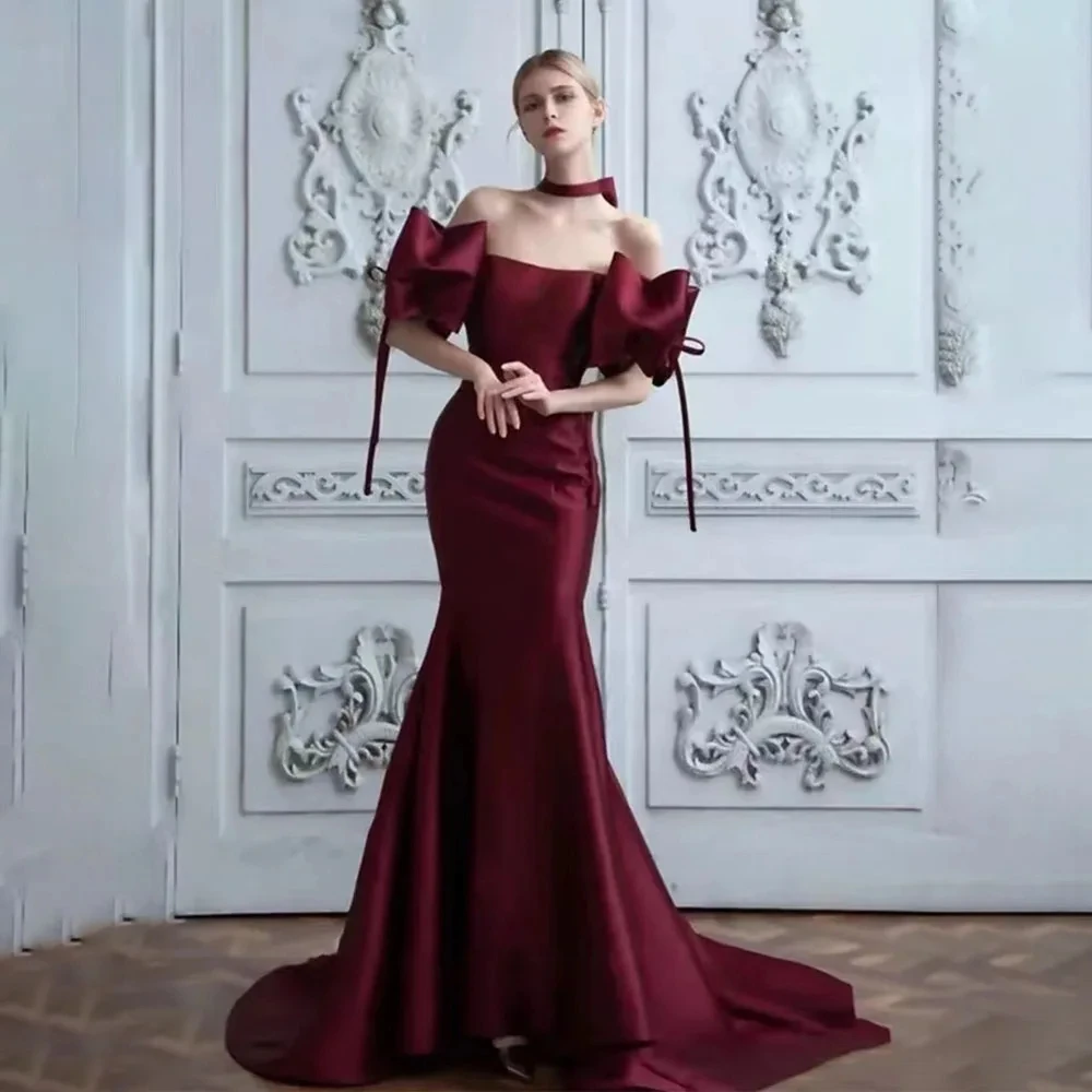 

customized Burgundy Elegant Mermaid Prom Dress Off Shoulder Halter Neck Bow Evening Gown Floor Length Wedding Banquet Gowns 2025