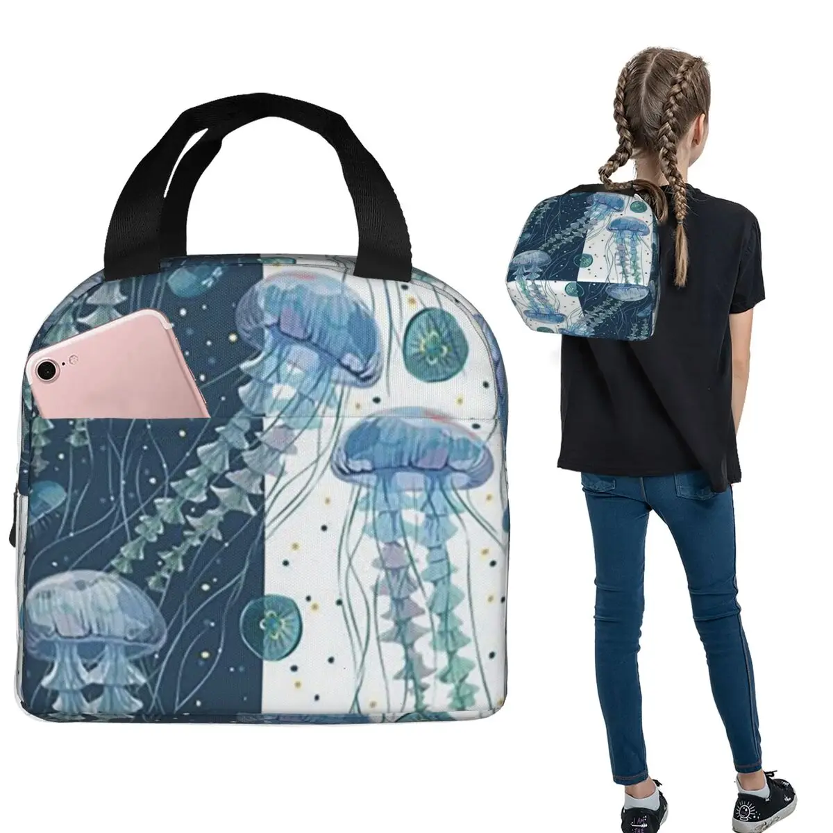 Isolierte Lunchtasche mit blau-lila Quallen-Unterwassermuster für Damen und Kinder, tragbare Lebensmittelboxen, Thermo-Lunchbox-Tragetasche