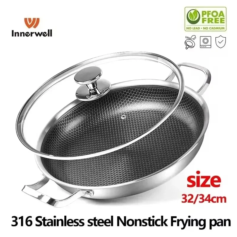 

Home Kitchen 316L Stainless Steel Frying Pan BBQ Pot with Lid Nonstick Non-toxic Cookware Fried Egg Steak Pot Suitable All Stove