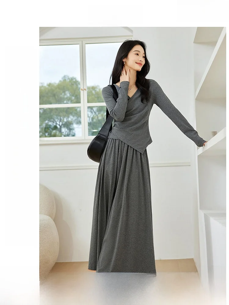 

Ele Two-Piece Set Women's Spring Autumn Slimming Top f-length Skirt Casual Faion Ensemble Long Sve V-Ne Overhead