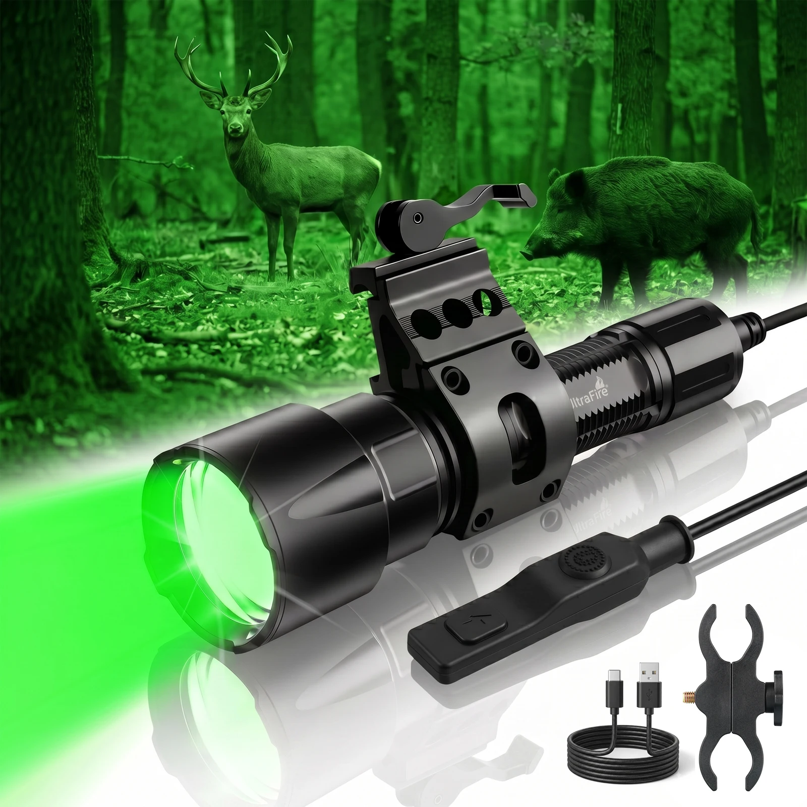 UltraFire LG20X PRO 800LM Green Tactical Flashlight 1300M Long Range Night Hunting Predator Torch IPX8 USB-C Mounts Switch Kit