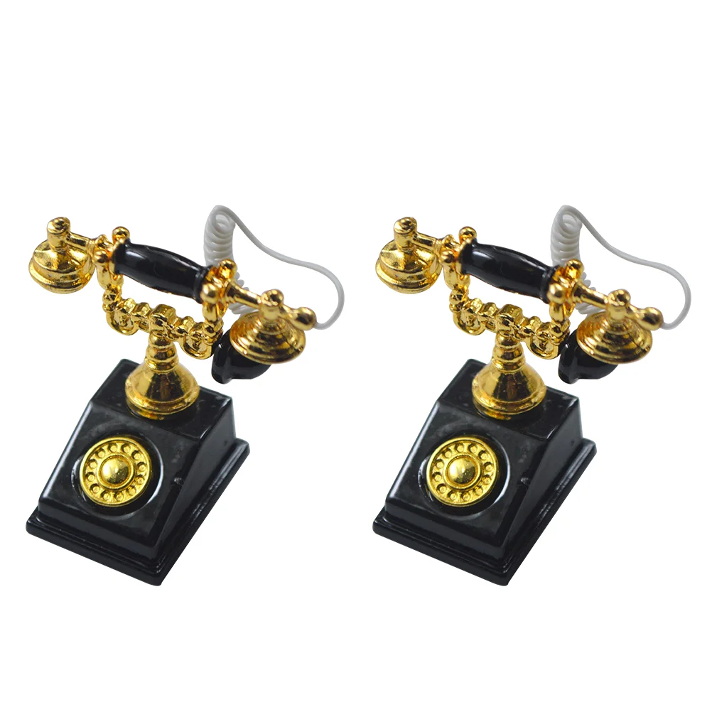 

2 Pcs Retro Telephone House Toy Mini Ornament Props for Kids Zinc Alloy Toddler Spinning Toys