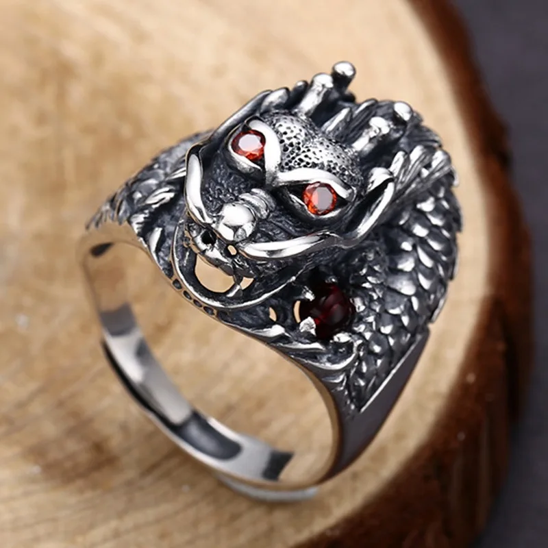 

Real Solid 925 Sterling Silver Band Men Lucky Retro Red Eyes Carved Dragon Ring 11.8g
