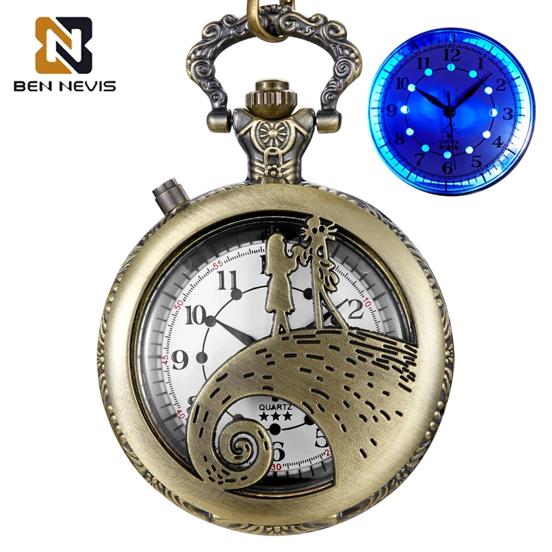 BENNEVIS Nightmare Before Christmas Collana flash LED blu luminoso Orologio vintage Orologio da tasca al quarzo luminoso in bronzo antico