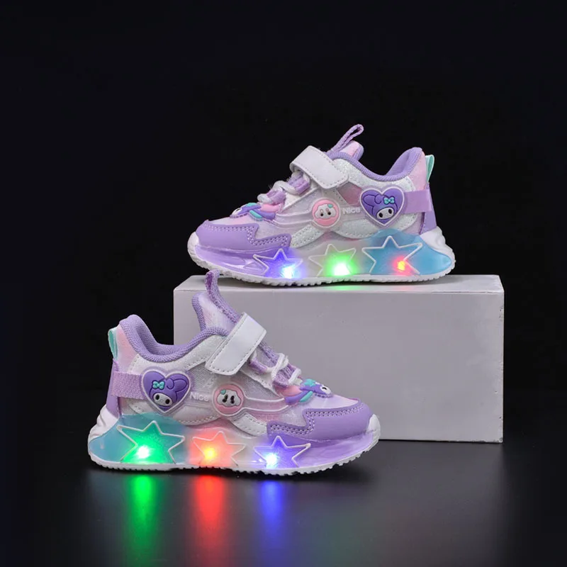 Cartoon Kuromi Girls LED Light Sports Shoes 2024 New Children\'s Anti Slip Soft Sole Cute Casual Shoes Kids Luminous Shoes