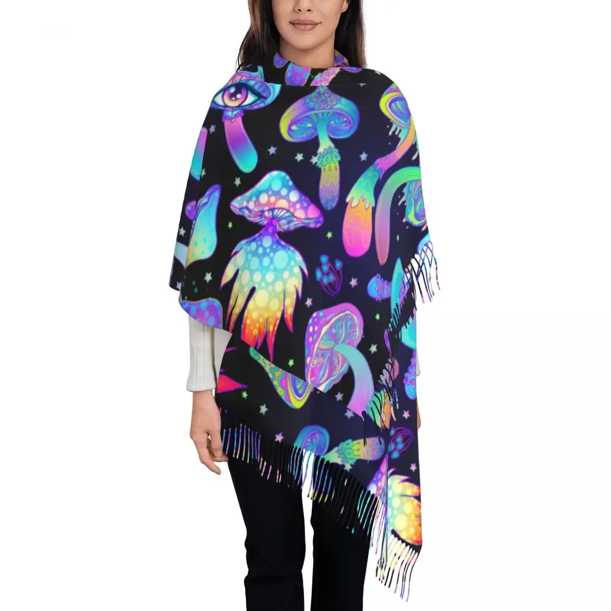 Magic Mushrooms Scarf Men Women Hippie Neon Celestial Scarves Wraps with Long Tassel Autumn Luxury 2024 Shawls and Wrap Bandana