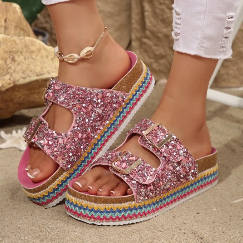 Summer New Platform Commuter Slip Sandals Women's Fashion Round Toe Open Toe Metal Buckle Platform Non-Slip Flats view 5