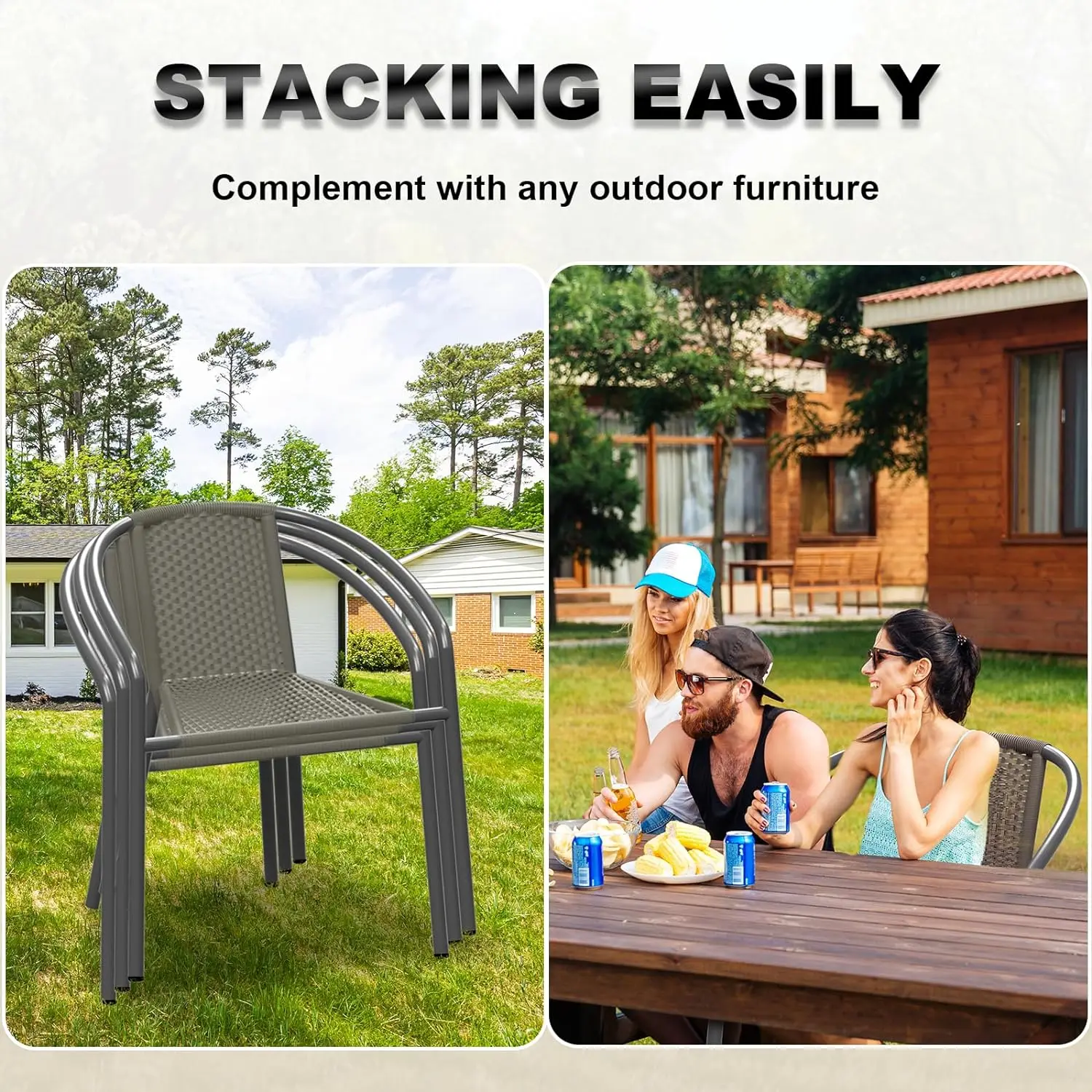 Patio Dining Chairs Set of 4, Outdoor Rattan Stackable Chairs, Metal Heavy Duty Portable Chair with Armrests for Porch Pool