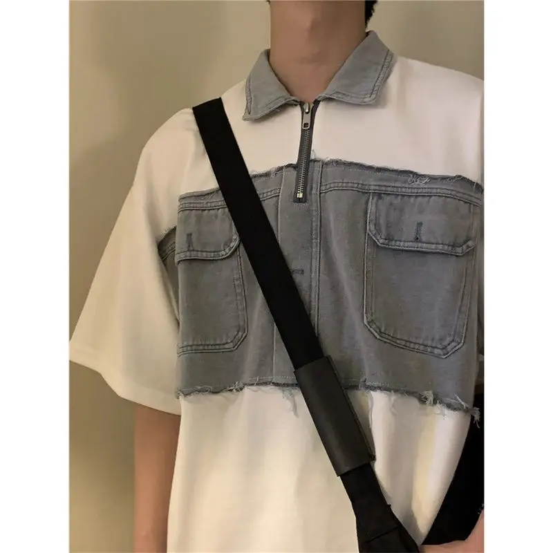 American trendy men and women retro POLO shirts summer trendy denim patchwork fake two-piece design couple T-shirts harajuku