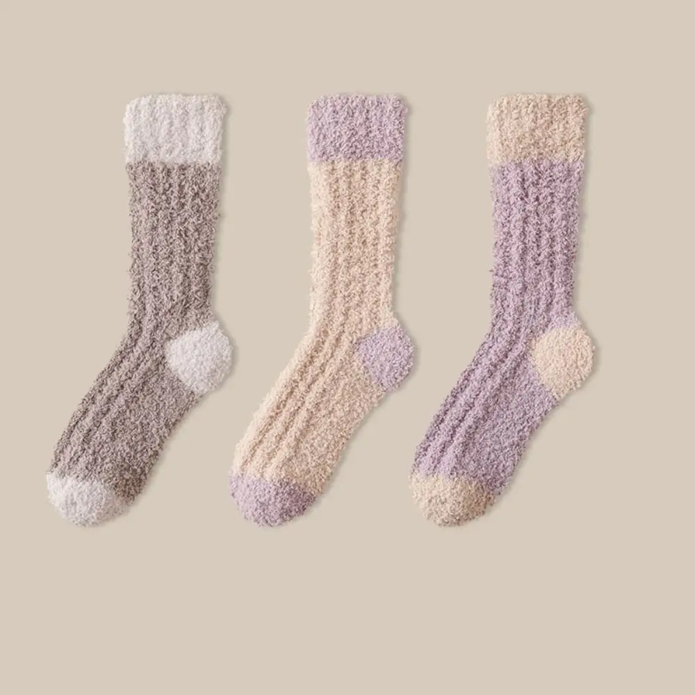 3Pairs Kawaii Thickened Coral Fleece Socks Sleeping Winter Floor Plush Socks Hosiery Simple Mid Tube Socks Women Autumn