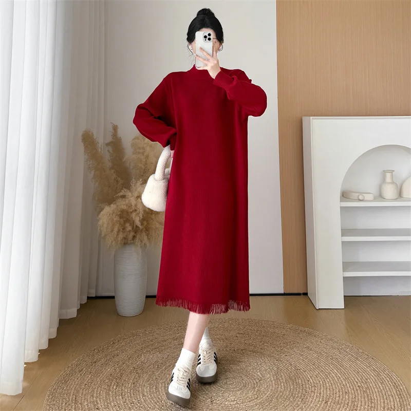 New Women Autumn Winter Tassel Sweater Dress Fashion Half High Collar Long Sleeve Loose Knitted Dress Casual Long Sweater