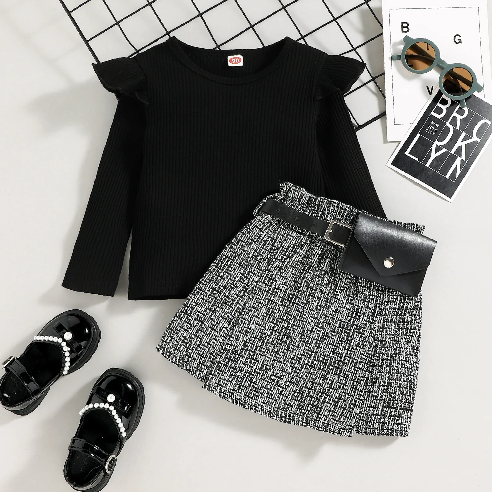 

Spring Autumn Toddler Girl Clothes Korean Fashion Solid Long Sleeve Black Tops+Skirt+Belt Kids Clothing Children's Sets B226