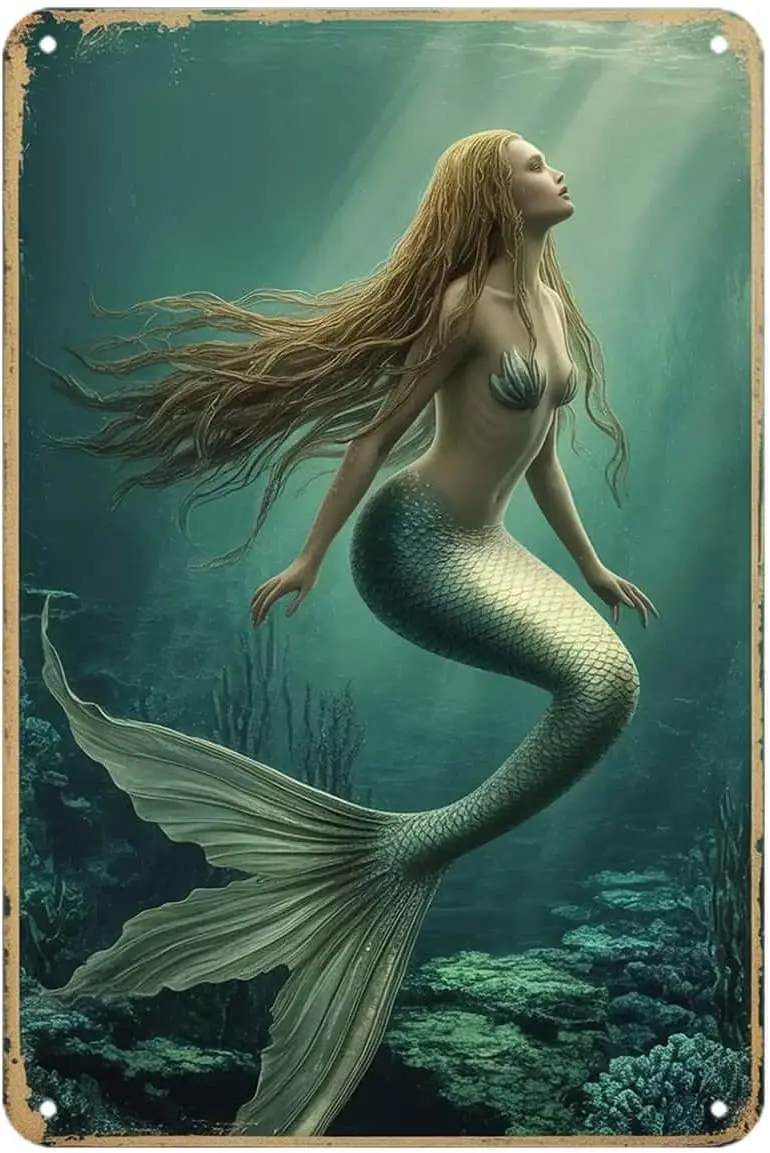Beautiful Mermaid Underwater Ocean Scenery Tin Sign Fantasy Aquatic Creature Aesthetic Vintage Metal Signs Wall Decor for Kitche