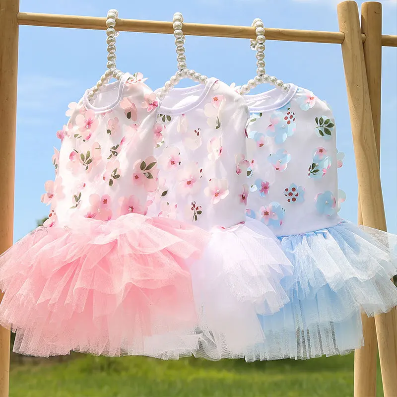 

Summer Fancy Dresses for Small Dogs Floral Peach Blossom Lovely Pink Overall Skirt French Bulldog Kitten Tutu Skirt Pet Clothes