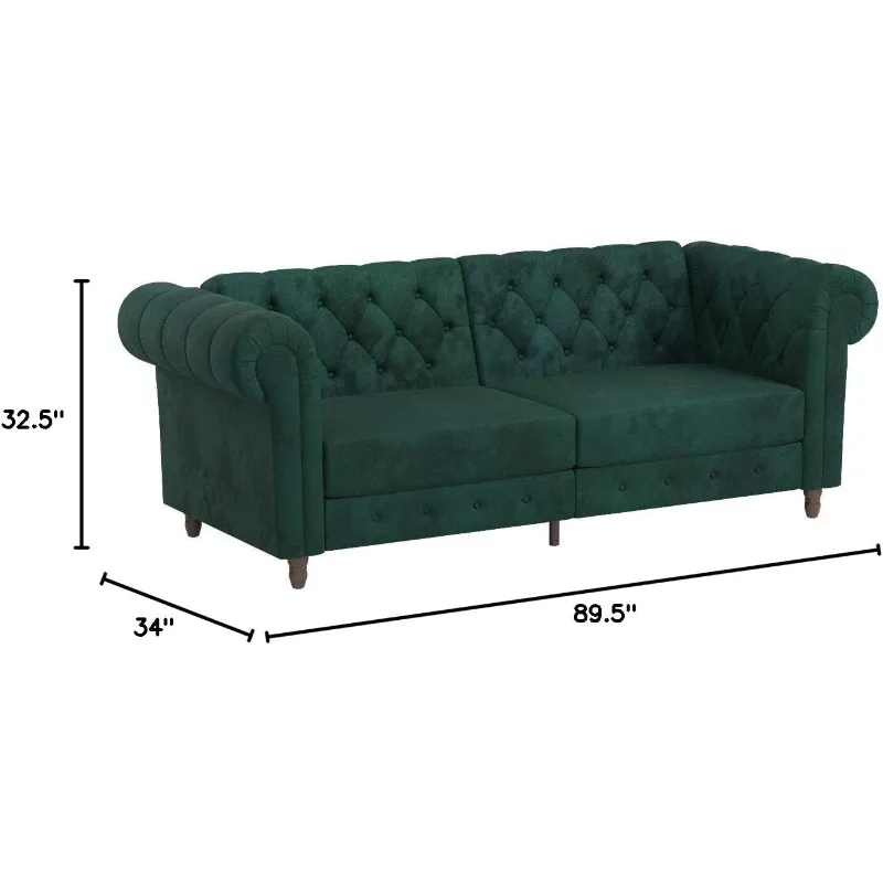 Felix 90 Inch Futon Sofa Bed in Velvet Fabric, Upholstered Chesterfield Couch Sleeper with Tufted Back, Baroque Legs