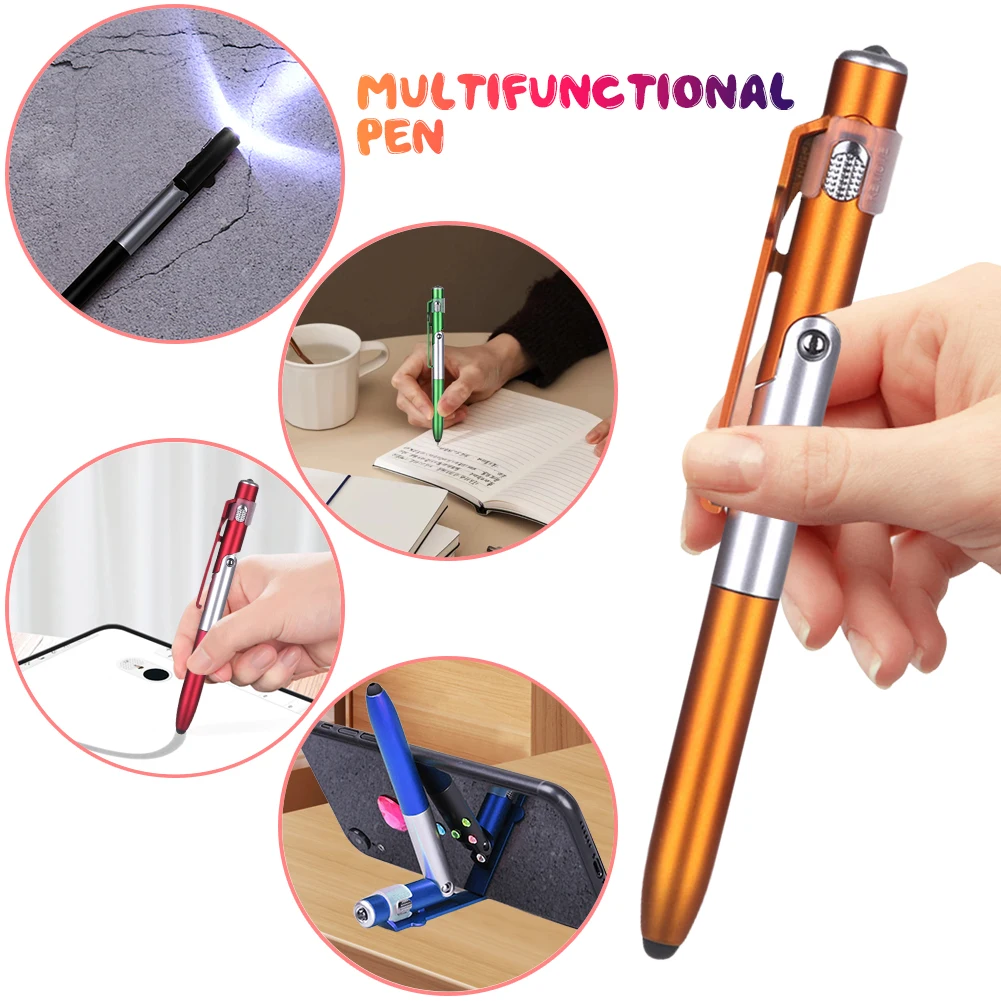 

4 In 1 Foldable Ballpoint Pen with LED Flashlight Folding Phone Holder Multi-Function Touch Pen Black Ink Pen for Office Workers