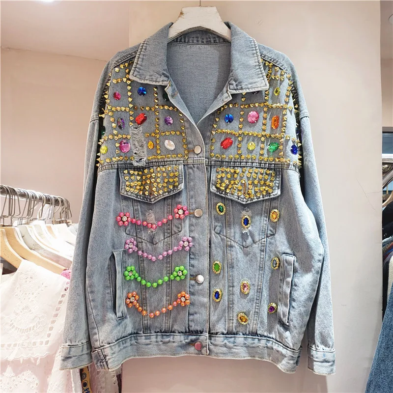 

Spring Autumn New Rivet Pearl Beaded Diamond Light Blue Hole Denim Jacket Women Casual Loose Lapel Long Sleeve Jeans Jacket Coat