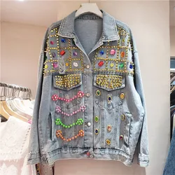 Primavera autunno New Rivet Pearl Beaded Diamond Light Blue Hole Denim Jacket donna Casual allentato risvolto manica lunga Jeans Jacket Coat