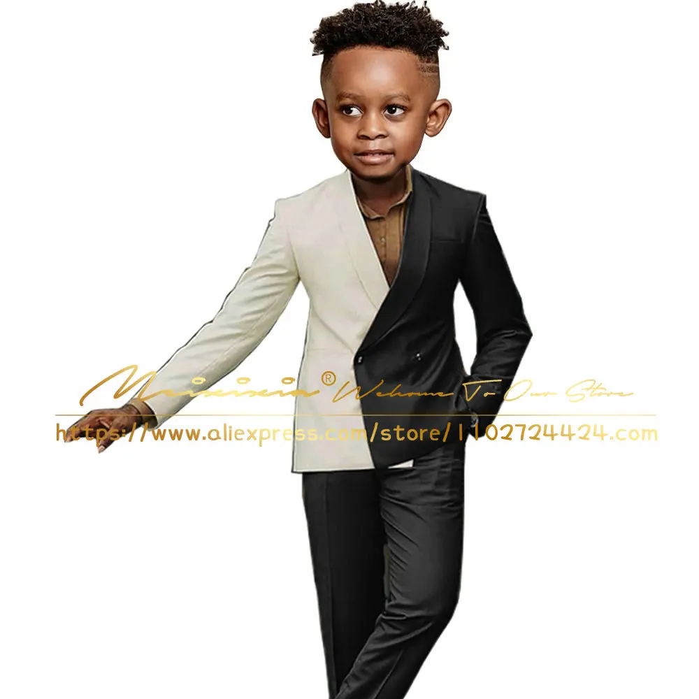 Children\'s Suits Ivory Yellow Double Breasted Outfit Flower Boys Formal Wedding Groom Tuxedo Suit Blazer Pants 2Pcs 2-16T